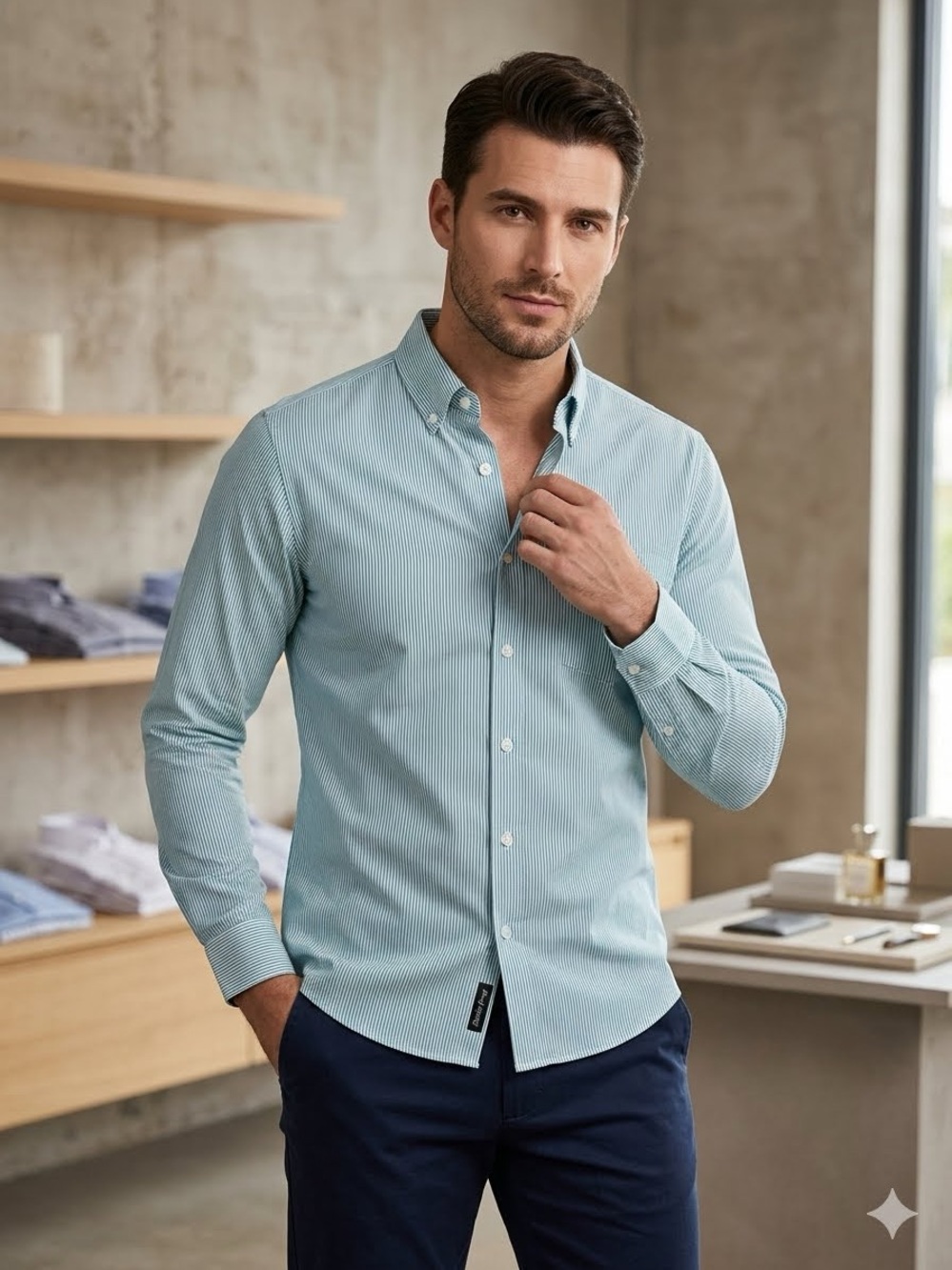 Men's Button-Down Shirt in Light Teal Stripe